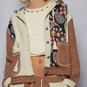 POL Women's Cream and Brown Patchwork Stitch Floral Hoodie Jacket NEW